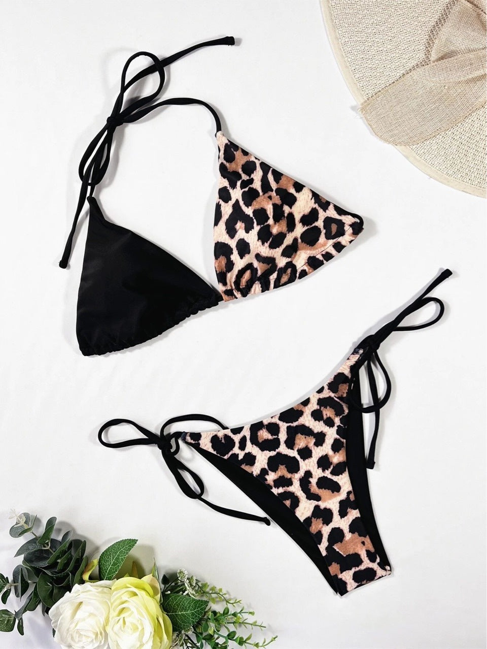 Women's Leopard Print Split Swimsuit Halter Lace-up Bikini Suit fe9afa89 3146 4a14 931b 879e87004269