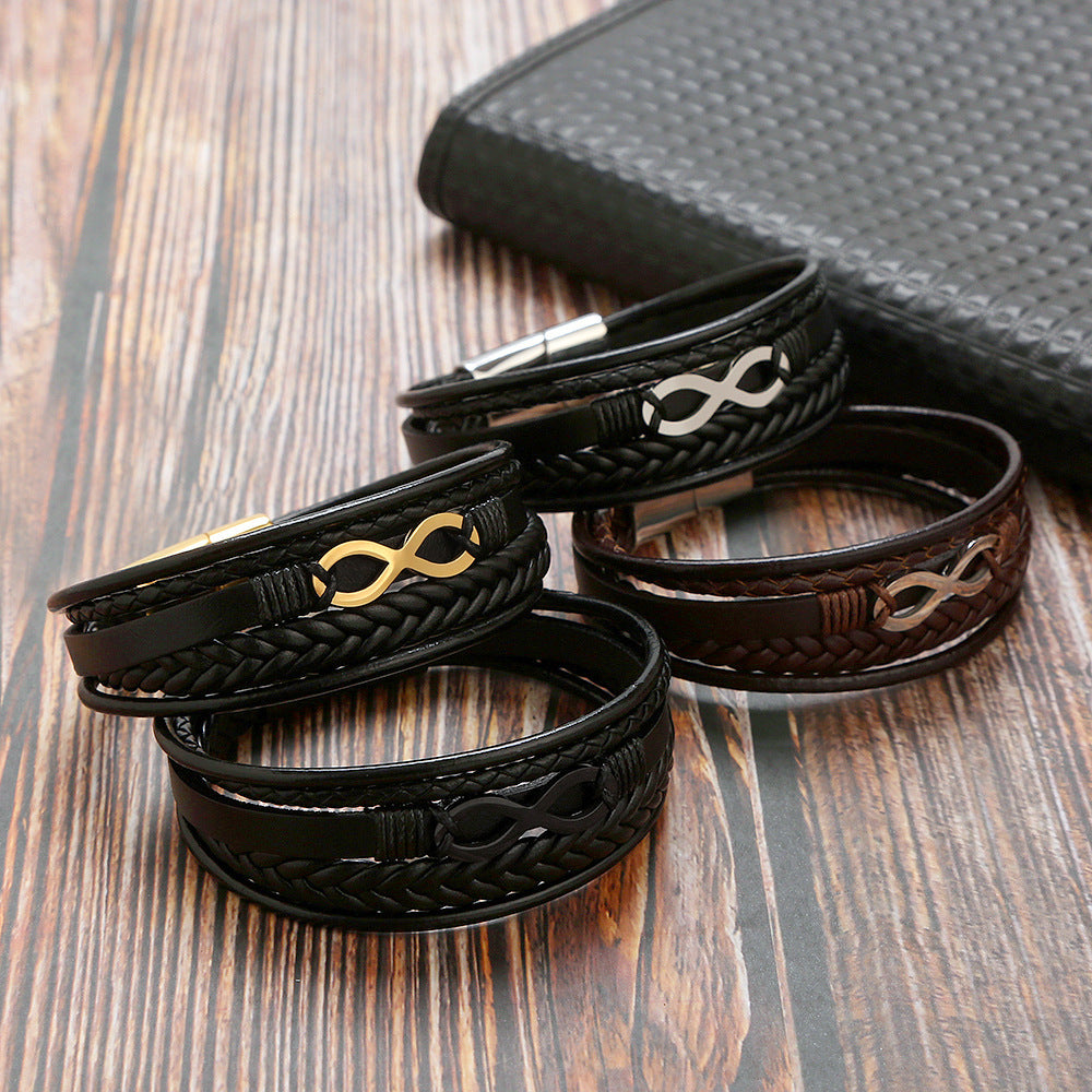 Cowhide Stainless Steel Men's 8-word Multi-layer Magnetic Buckle Bracelet 000443c6 6e86 4a8a ae11 707e83fc3f20