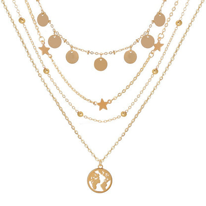 Simple Round Piece Five-Pointed Star Pendant Multilayer Necklace