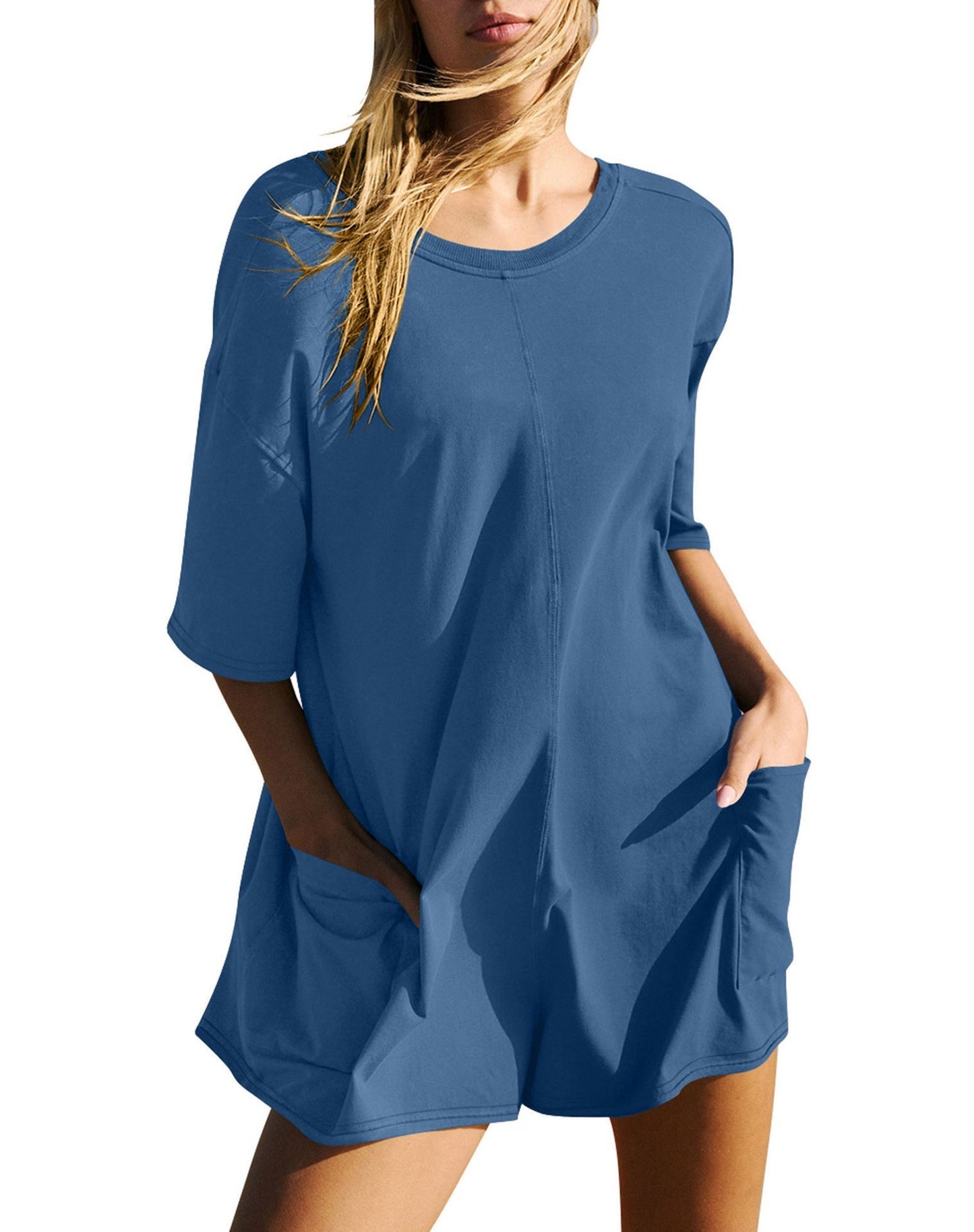 Casual Loose Short-sleeved Jumpsuit With Pockets New Crew Neck Shorts Overall Pants Summer Womens Clothing 04b4f8cc d582 47aa