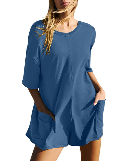 Casual Loose Short-sleeved Jumpsuit With Pockets New Crew Neck Shorts Overall Pants Summer Womens Clothing 04b4f8cc d582 47aa