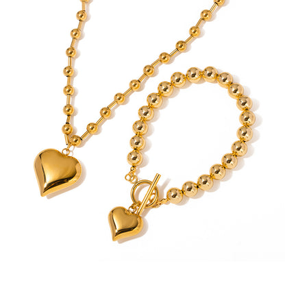 Three-dimensional Peach Heart Pendant Round Beads Stainless Steel Necklace 04e4fc6e 0d15 4792 9999 67139c5bd741