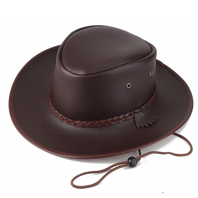 Solid Colour Leather Cord Large Brimmed Sun Visor Cowboy Hat 0567a0c5 6a2a 406f ac4e 59a244ba426a