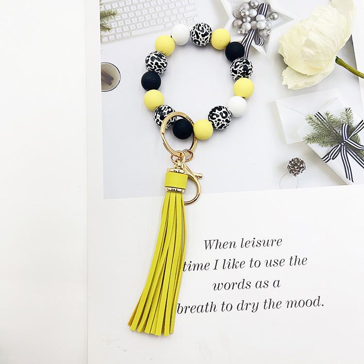 Black Leopard Print White Background Wooden Bead Keychain 063cc639 8950 4fb3 82d2 3dd2c9b2c0b9