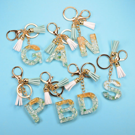 English Alphabet Keychain Tassel Pendant Stone Gold Foil Resin Key 0694de36 18c5 47de 8958 5c97f779f808