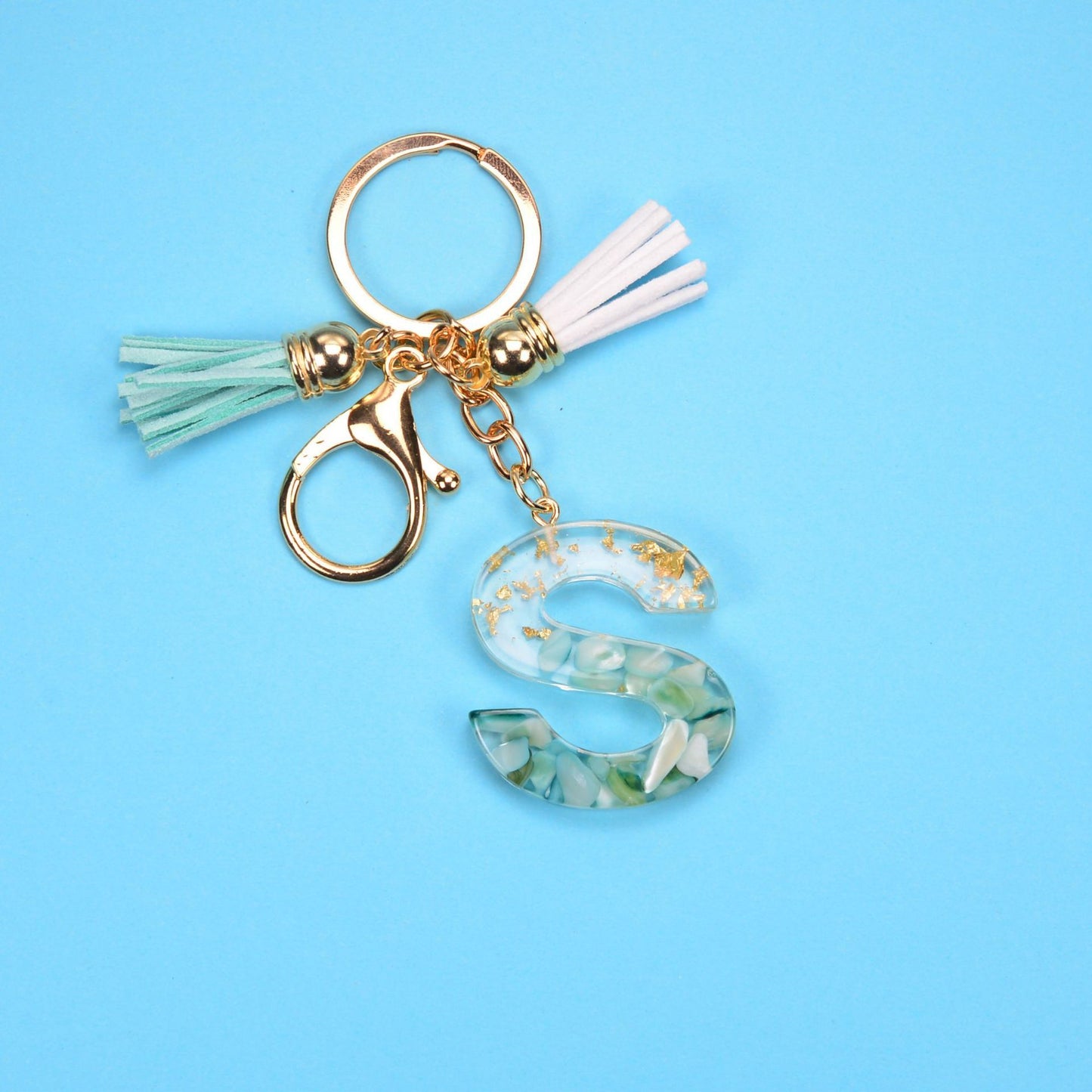 English Alphabet Keychain Tassel Pendant Stone Gold Foil Resin Key 07986864 31f8 4432 8131 468a295ff923