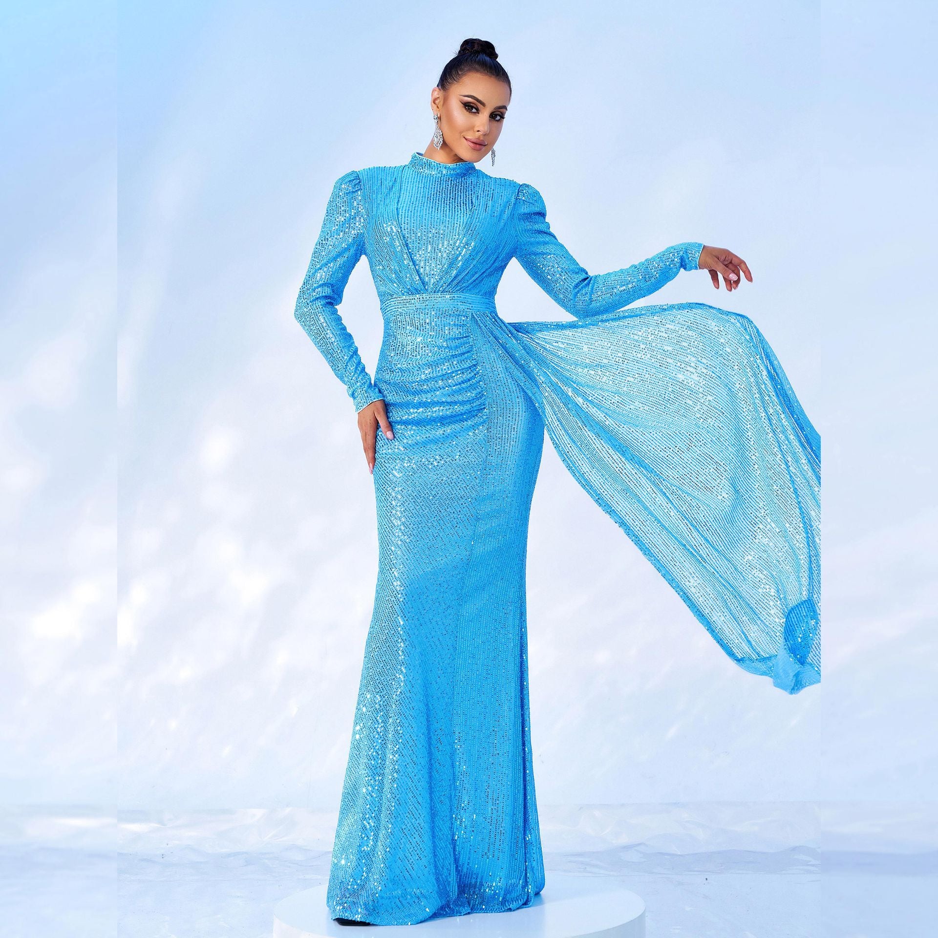 Long Sleeve Round Neck Sexy Slim Long Sequined Banquet Dress 07e683d3 a684 4298 90d2 b960350c2907