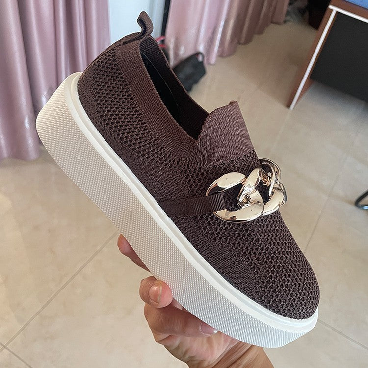 Spring And Autumn New Thick Bottom Shallow Mouth Knitted Mesh Chain Outer Wear Casual Women's Shoes 082ed25f 0644 4e6f 9e6a 3