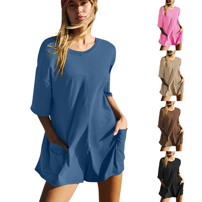 Casual Loose Short-sleeved Jumpsuit With Pockets New Crew Neck Shorts Overall Pants Summer Womens Clothing 09dbe306 5c19 43c6
