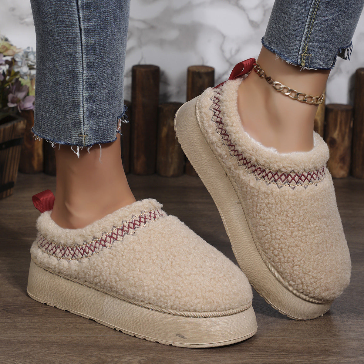 New Ethnic Style Sewing-edge Plush Slippers Winter Indoor Floor Thick-soled Slipper Fashion Outdoor Warm Garden Shoes 0acd53e