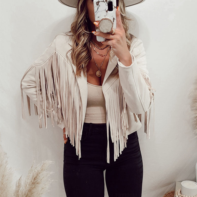 European And American Women's Clothing Jacket Leather Coat Deerskin Velvet Elegant Lapel Tassel Short Coat For Women Autumn A