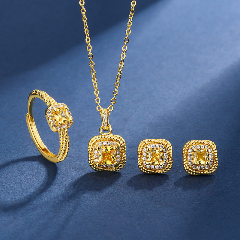 High-grade Ring Necklace Ear Stud Ornament Colored Gems Set Three-piece Set