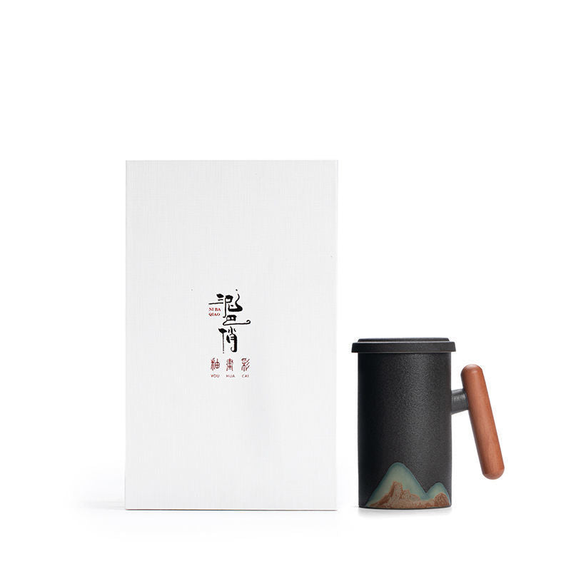 Factory Creative Yuanshan Hand-painted Mug Wooden Handle Ceramic Tea Cup With Lid Filter Three-piece Office Home 0cdef249 10e