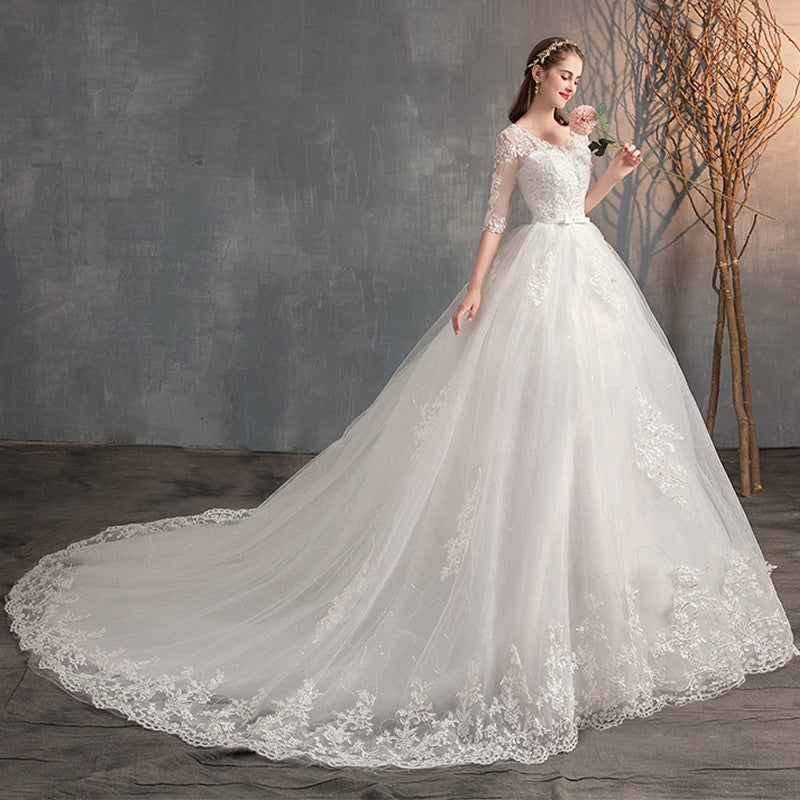 Wedding Dress Trailing Deep V Neck Lace High Waist Wedding Dress Long Sleeves 0db23daa ee8b 47e2 80fc 41217dced046
