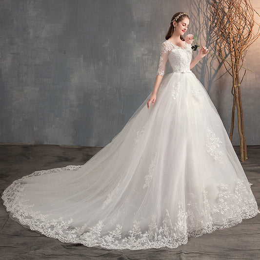 Wedding Dress Trailing Deep V Neck Lace High Waist Wedding Dress Long Sleeves 0db23daa ee8b 47e2 80fc 41217dced046