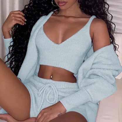 3pcs Womens Clothing Long Sleeve Crop Tank Top And Drawstring Shorts Pajama Set - HD Wireless Product #3