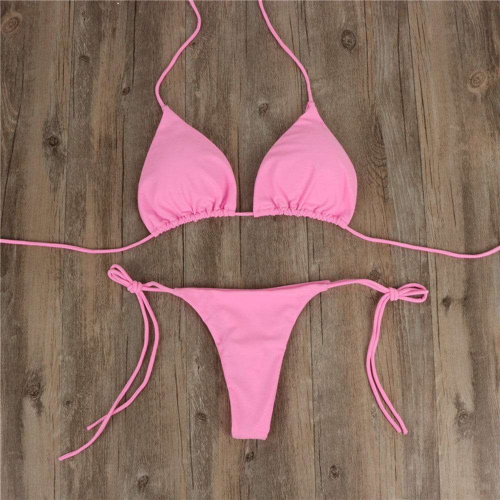 2pcs Halterneck Lace-up Bikini Women Summer Solid Color Sexy Split Strap Adjustable Swimsuit Suit - HD Wireless Product #8