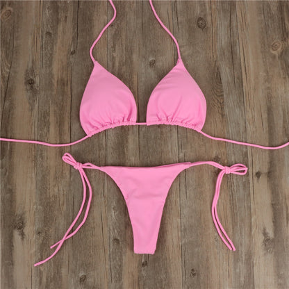 2pcs Halterneck Lace-up Bikini Women Summer Solid Color Sexy Split Strap Adjustable Swimsuit Suit - HD Wireless Product #8