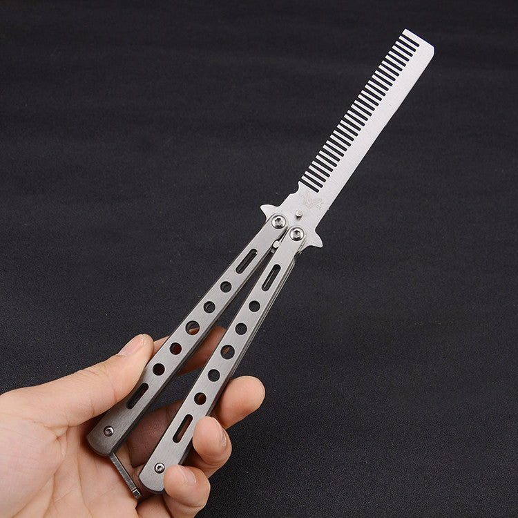 Outdoor Foldable Comb Stainless Steel Practice Training Butterfly Knife Comb Beard Moustache Brushe Salon Hairdressing Hair S