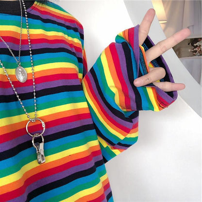 Cute girl rainbow stripes loose wild long-sleeved T-shirt 1012133711790