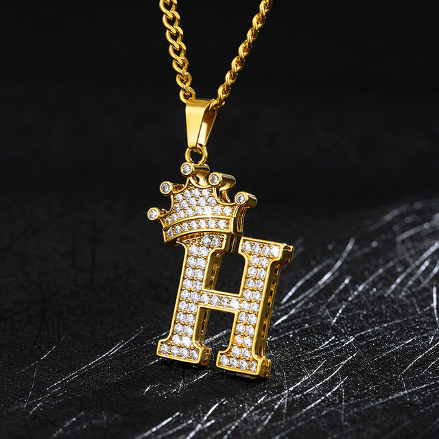 Crown Pendant Stainless Steel Letter Necklace 1016478454258