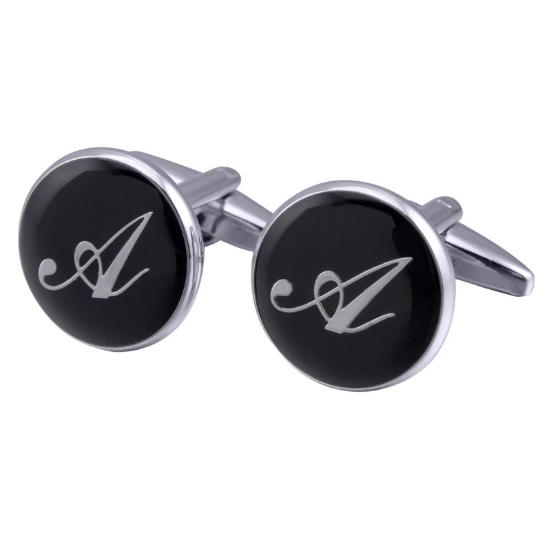 French Cufflinks black round Enamel Traditional letter Cufflinks 1024278096119
