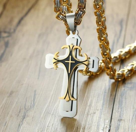 Jesus Bible Scripture Golden Cross Titanium Steel Pendant Necklace 10284639155586