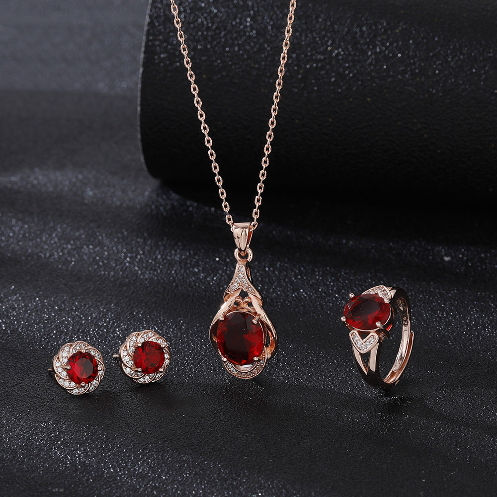 High-grade Ring Necklace Ear Stud Ornament Colored Gems Set Three-piece Set