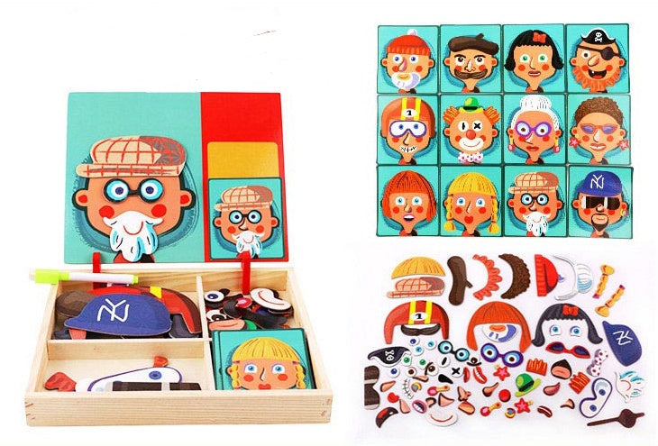 Montessori Magnetic Fun Puzzle Children's Wooden Puzzle Box Game Cartoon Educational Painting Toys For Children Gift Antistre