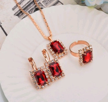 Europe And The United States Personalized Water Drop Color Diamond Necklace, Earrings, Rings Set, Shiny High-end Bridal Jewel