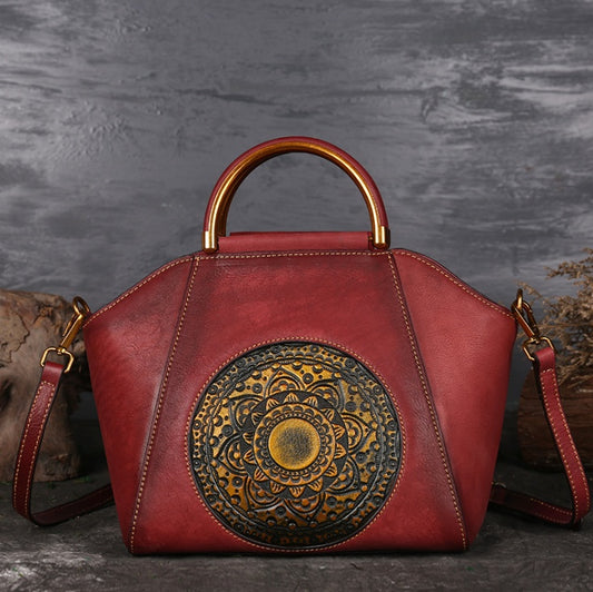 Genuine Embossed Leather Messenger Top Handle Bag Retro Handbag Totem Pattern High Quality Natural Skin Women Shoulder Tote B