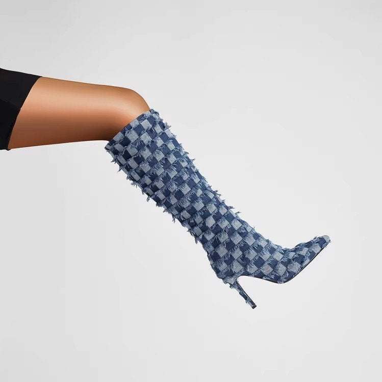 Chessboard Plaid Denim Blue Cloth Women's Boots 1059496d 5e70 4252 9d74 846252140151