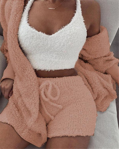 3pcs Womens Clothing Long Sleeve Crop Tank Top And Drawstring Shorts Pajama Set - HD Wireless Product #17
