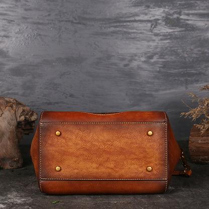 Genuine Embossed Leather Messenger Top Handle Bag Retro Handbag Totem Pattern High Quality Natural Skin Women Shoulder Tote B