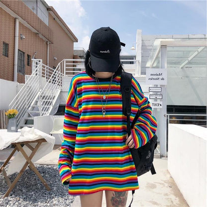 Cute girl rainbow stripes loose wild long-sleeved T-shirt 1102184007344