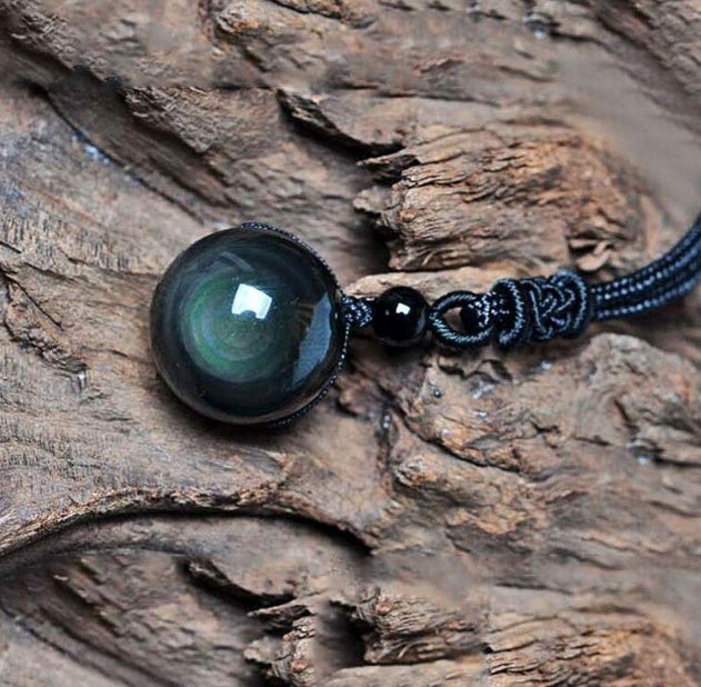 Natural Obsidian Rainbow Eye Transfer Good Luck Bead Pendant Necklace Polyester Rope Chain Necklace Jewelry For Woman 1103409