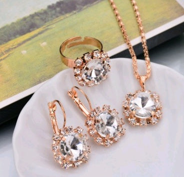Europe And The United States Personalized Water Drop Color Diamond Necklace, Earrings, Rings Set, Shiny High-end Bridal Jewel