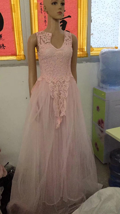 Women Wedding Dress Sleevless Flowers Lace Dress 1197582098460