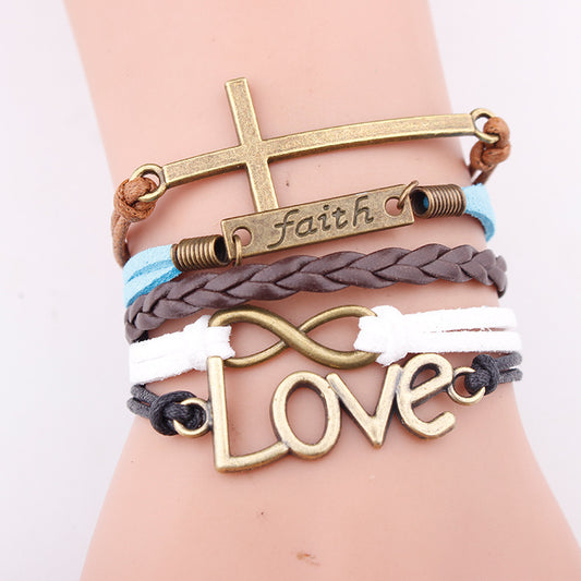 European and American bracelets love pendant fashion faith letter jewelry multi-layer woven leather rope bracelet bracelet 12