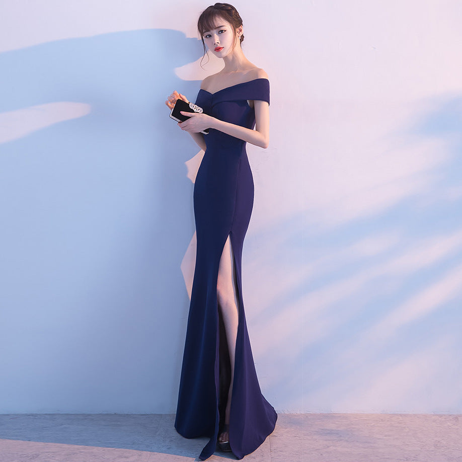 Banquet evening dress word-shoulder fishtail dress 1223993266880