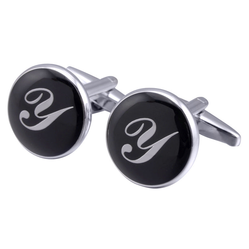 French Cufflinks black round Enamel Traditional letter Cufflinks 1224365620234
