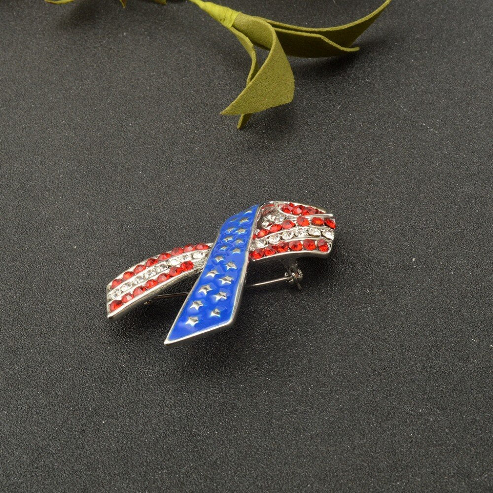 Green Alloy Clothing Pin Ribbon Brooch Diamond American Flag Brooch 1247348471056