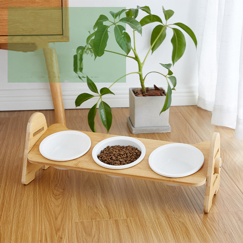 Cat Bowl Solid Wood Ceramic Double Bowl Oblique Mouth Pet Bowl Protecting Cervical Spine Cat Food Bowl Cat Food Bowl 12704843