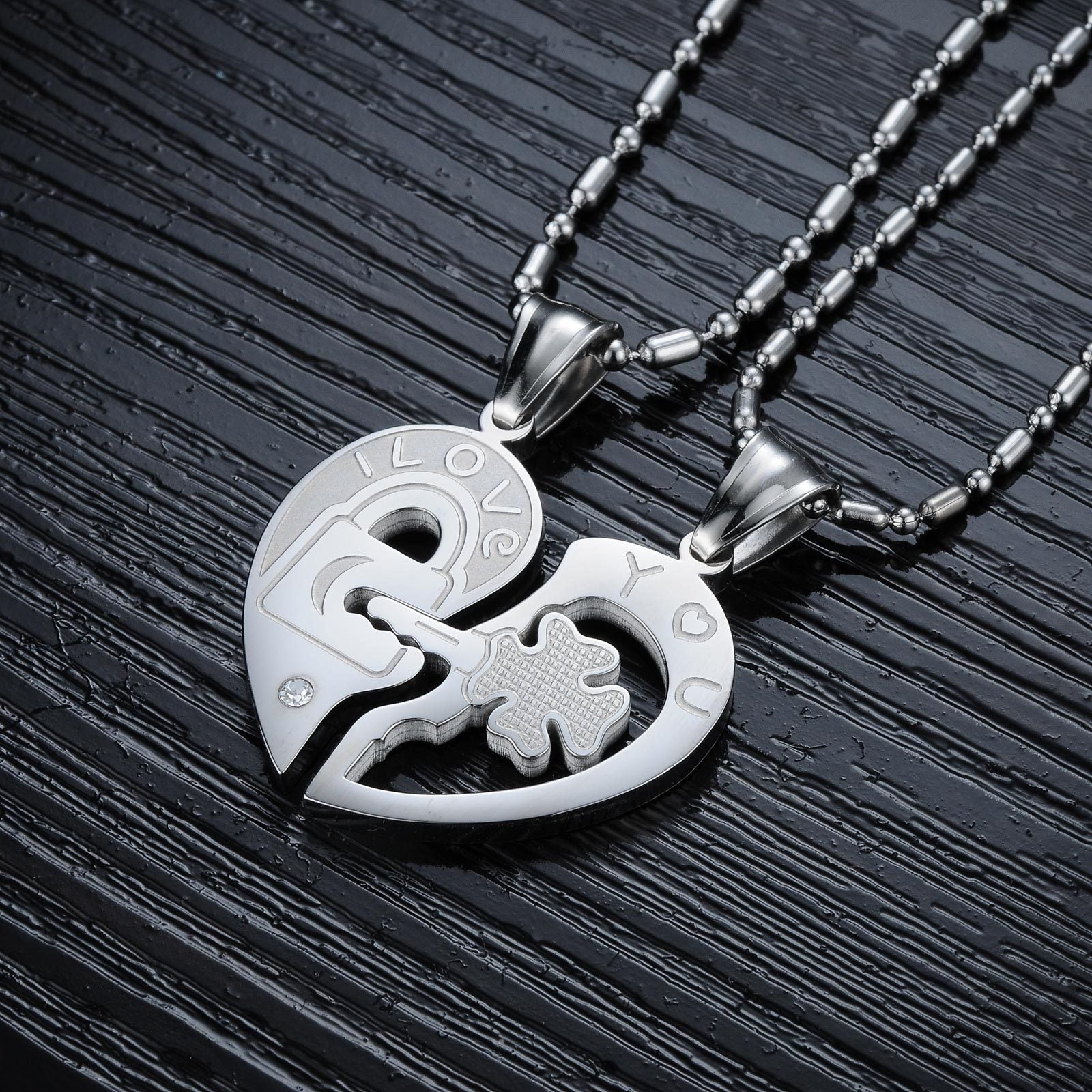 Titanium steel rhinestones key puzzles couple necklace 1275136379700