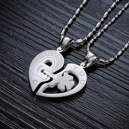 Titanium steel rhinestones key puzzles couple necklace 1275136379700