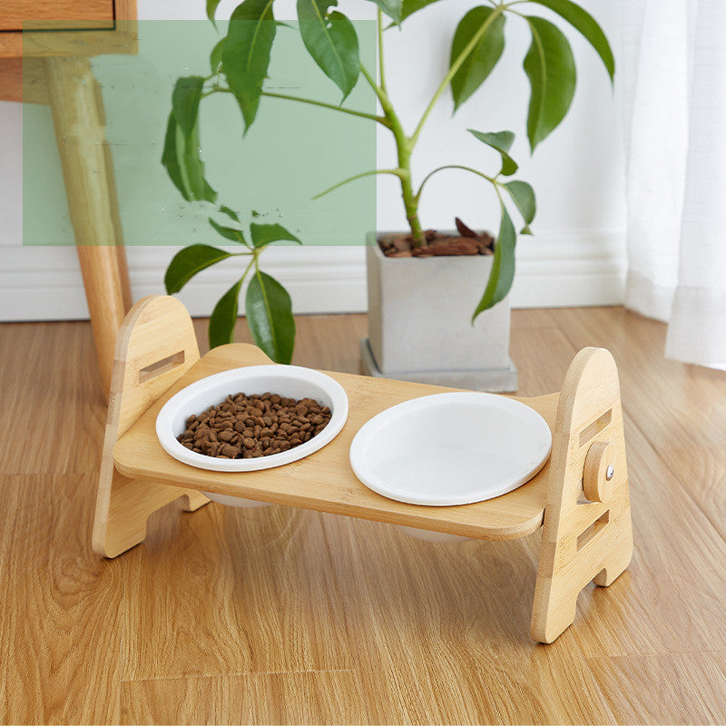 Cat Bowl Solid Wood Ceramic Double Bowl Oblique Mouth Pet Bowl Protecting Cervical Spine Cat Food Bowl Cat Food Bowl 12765804