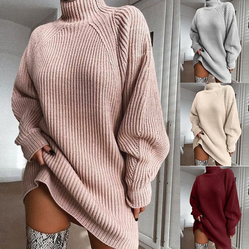 Solid Turtleneck Long Sweater Winter Warm Women Sweater Dress 1286533932712