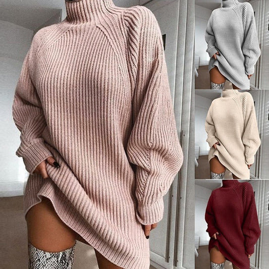 Solid Turtleneck Long Sweater Winter Warm Women Sweater Dress 1286533932712