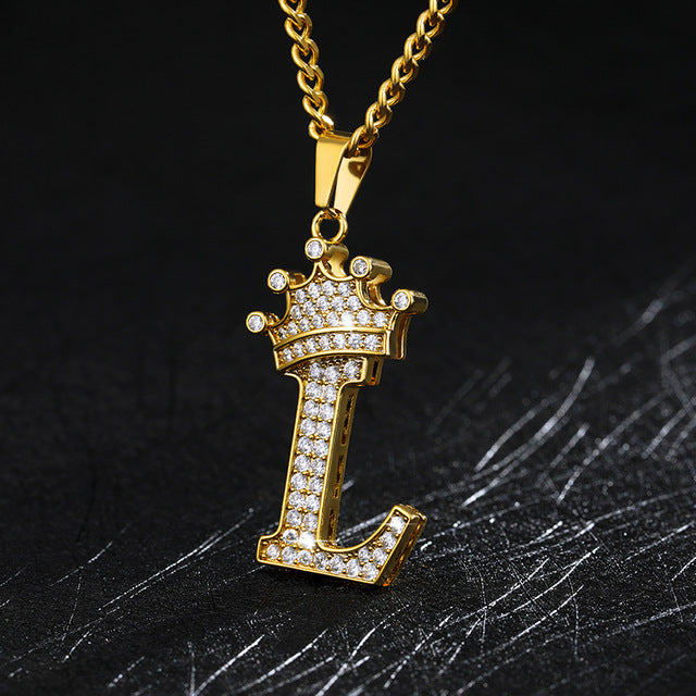 Crown Pendant Stainless Steel Letter Necklace 1288197902028