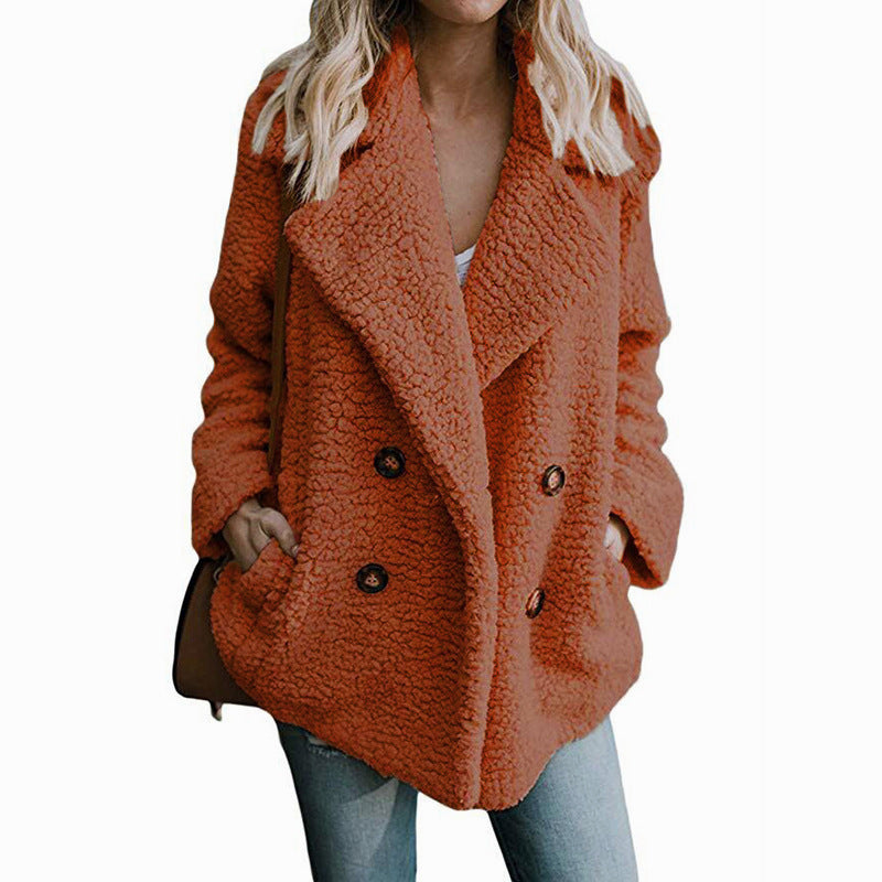 Autumn and Winter Women's Plush Button Lapels Pocket Coat Shirt 1300638855431